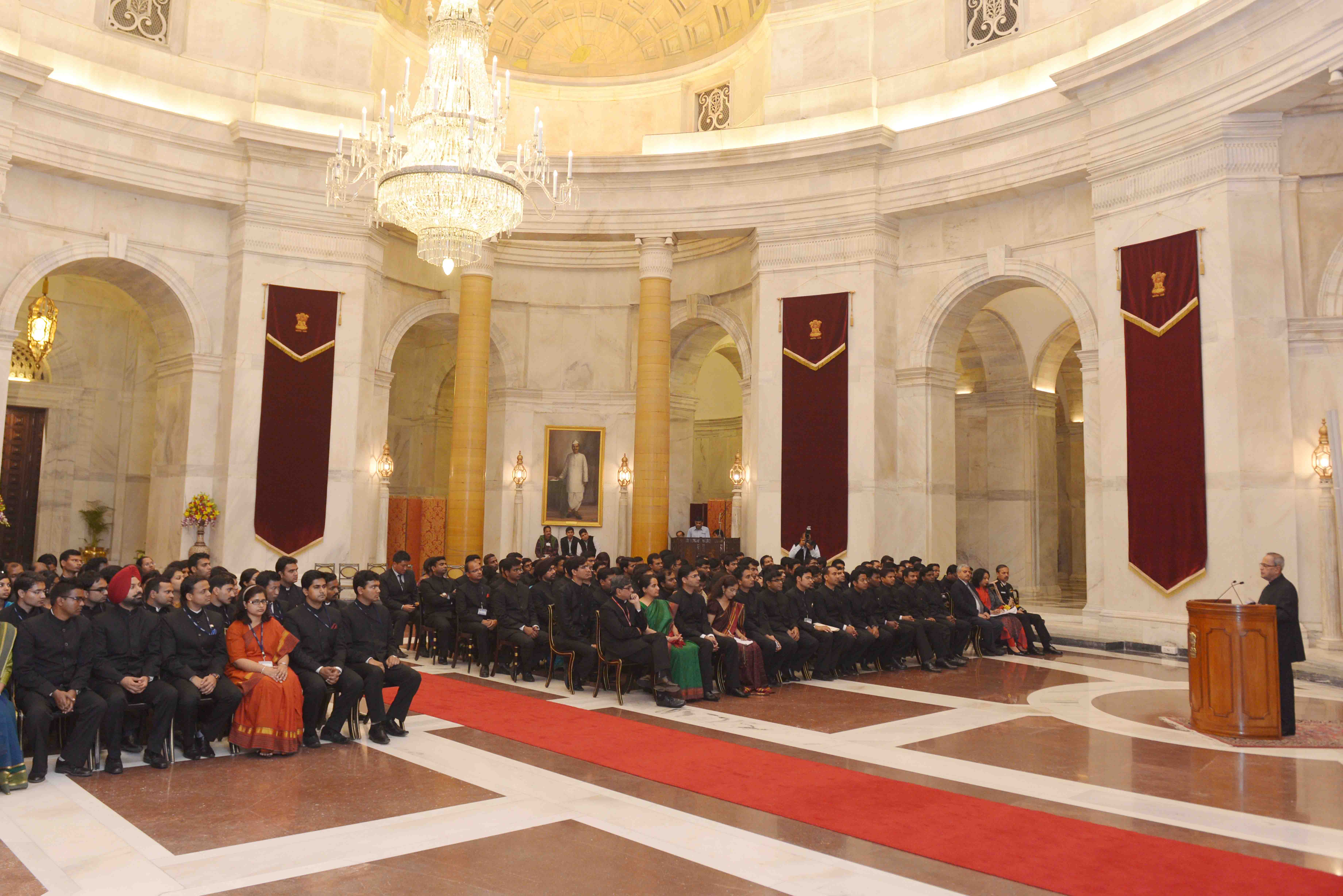 The President of India, Shri Pranab Mukherjee addressing the Officer Trainees attending IAS Professional Course Phase-I for 2014 Batch at Lal Bahadur Shastri National Academy on Administration (LBSNAA), Mussoorie at Rashtrapati Bhavan on February 20, 2015