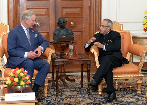 The Prince of Wales, Prince Charles meeting the President of India, Shri Pranab Mukherjee at Rashtrapati Bhavan in New Delhi on November 8, 2013.