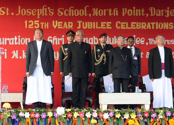 The President of India, Shri Pranab Mukherjee at a function to inaugurate the 125th Year Jubilee Celebrations of ST Joseph's School, North Point at Darjeeling in West Bengal on November 10, 2013. Also seen is the Governor of West Bengal, Shri M. K. Naraya