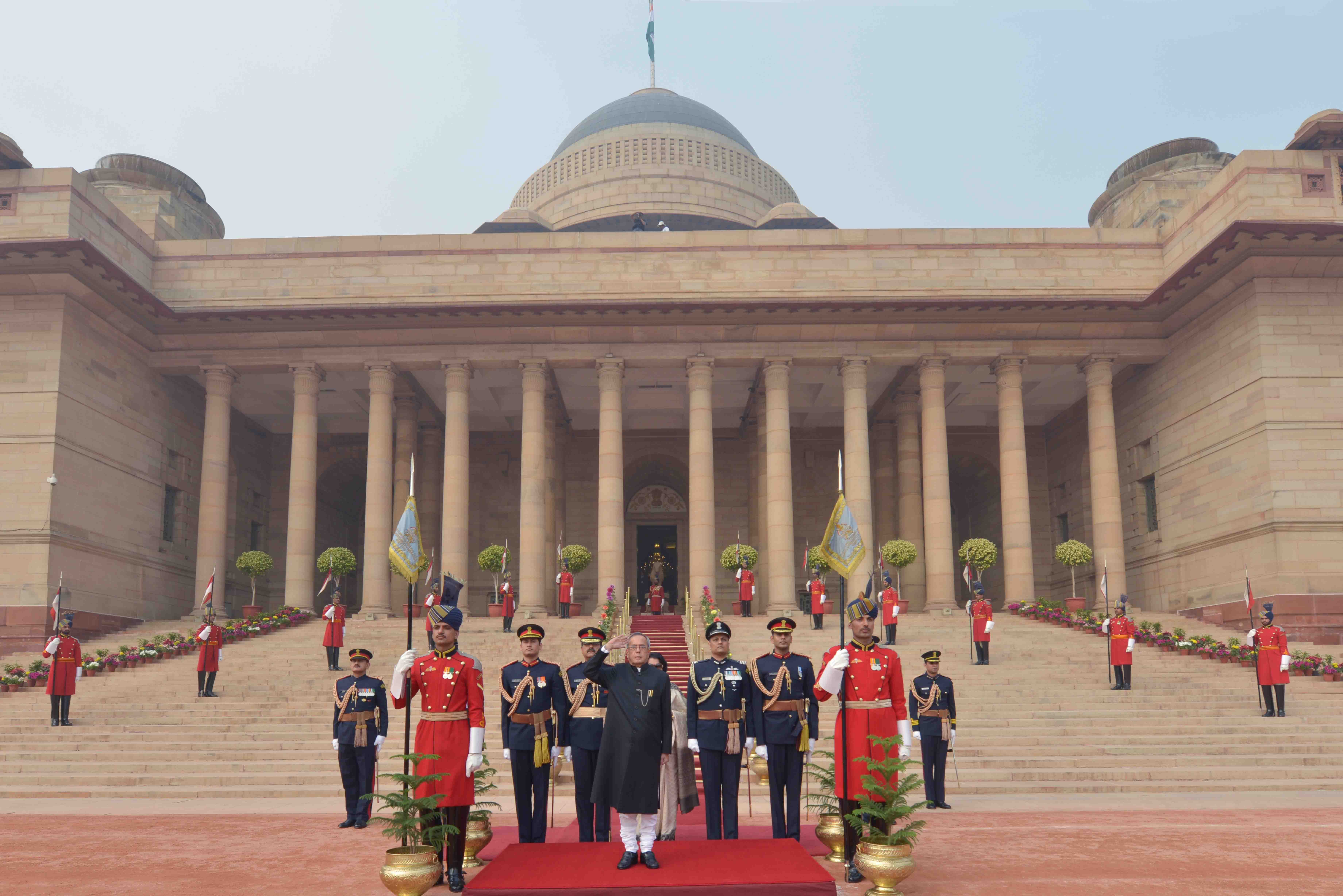 The President of India, Shri Pranab Mukherjee receiving the National Salute from the President's Body Guard (PBG) at Forecourt of Rashtrapati Bhavan before leaving for Central Hall of Parliament to delivering his address to both the Houses of Parliament i