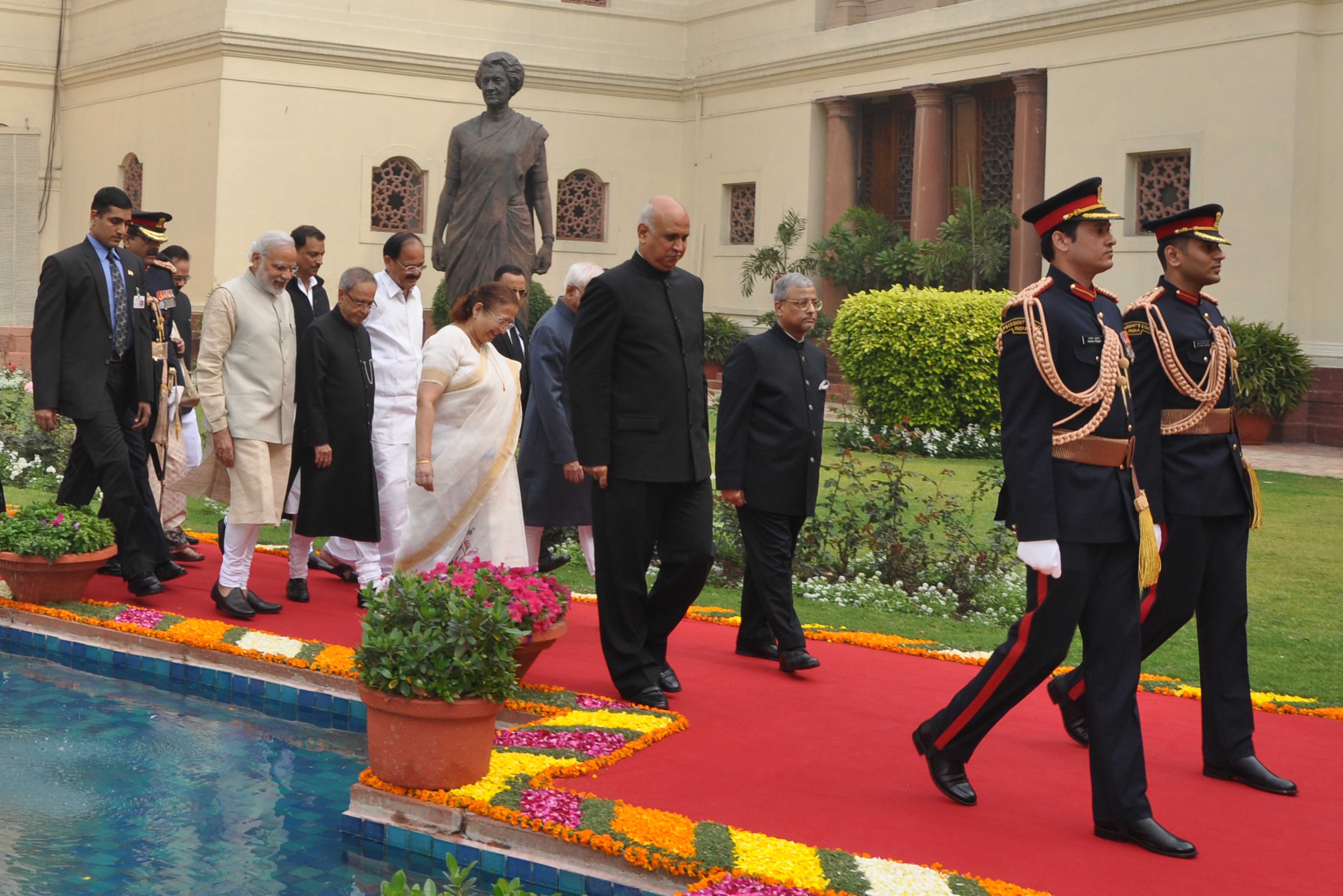 The President of India, Shri Pranab Mukherjee walking in procession towards the Central Hall of Parliament in New Delhi on February 23, 2015 to deliver his address to both the Houses of Parliament.