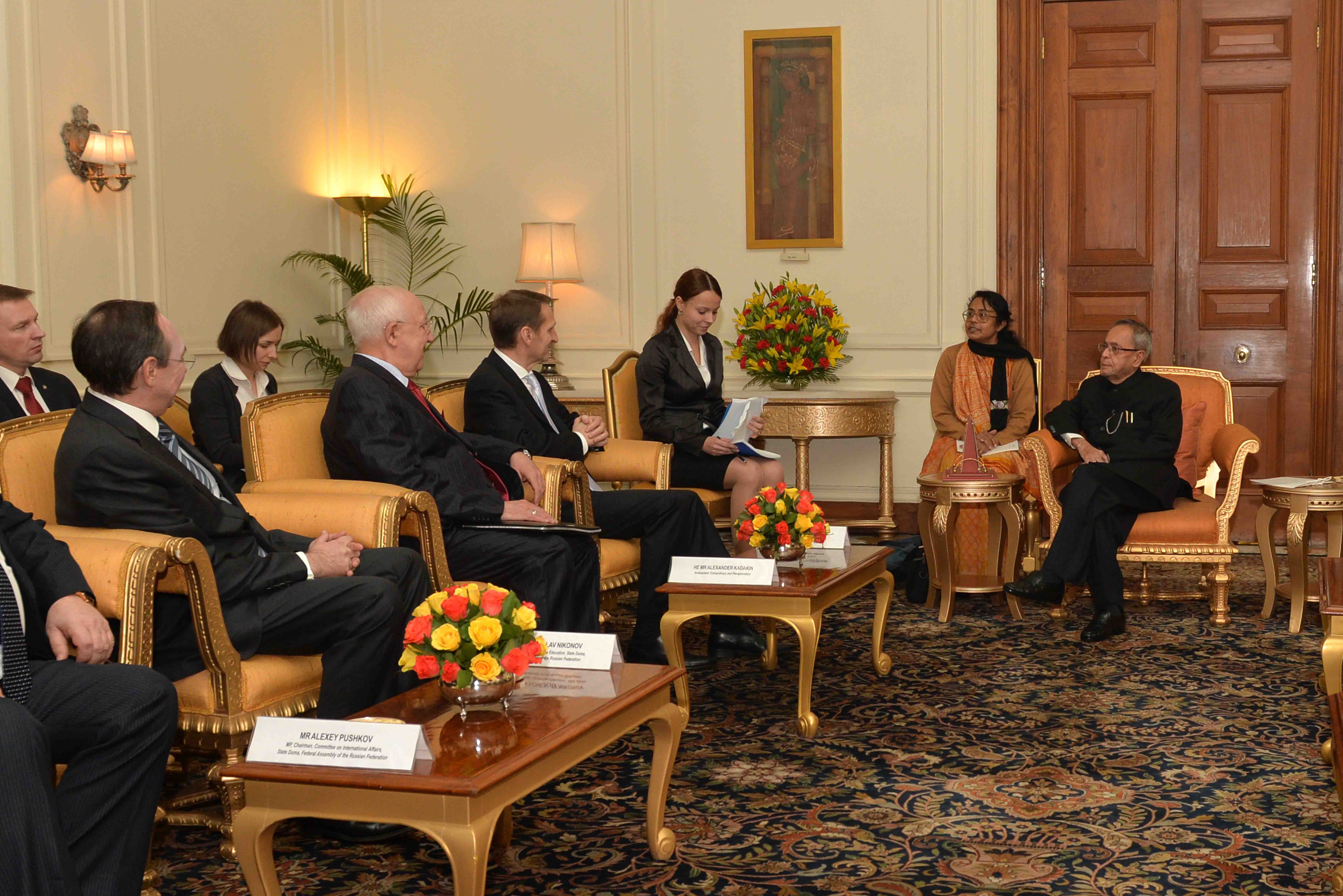 A Parliamentary Delegation from Russian Federation led by the Chairman of the State of Duma of the Federal Assembly of the Russian Federation, H.E. Mr. Serey Naryshkin calling on the President of India, Shri Pranab Mukherje