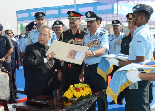 The President of India, Shri Pranab Mukherjee releasing the First Day Cover on the occasion of the presentation of Standard to the 220 Sqn And 32 Sqn of India Air Force at Halwara in Punjab on November 20, 2013. Also seen is the Chief of Air Staff, Air C