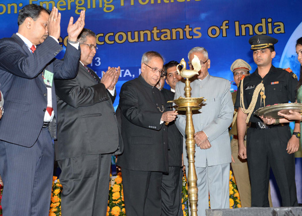 The President of India, Shri Pranab Mukherjee lighting the lamp at the inauguration of the International Conference on Accountancy Profession: Emerging Frontiers of Future Growth organized by the Institute of Chartered Accountants of India at Kolkata in