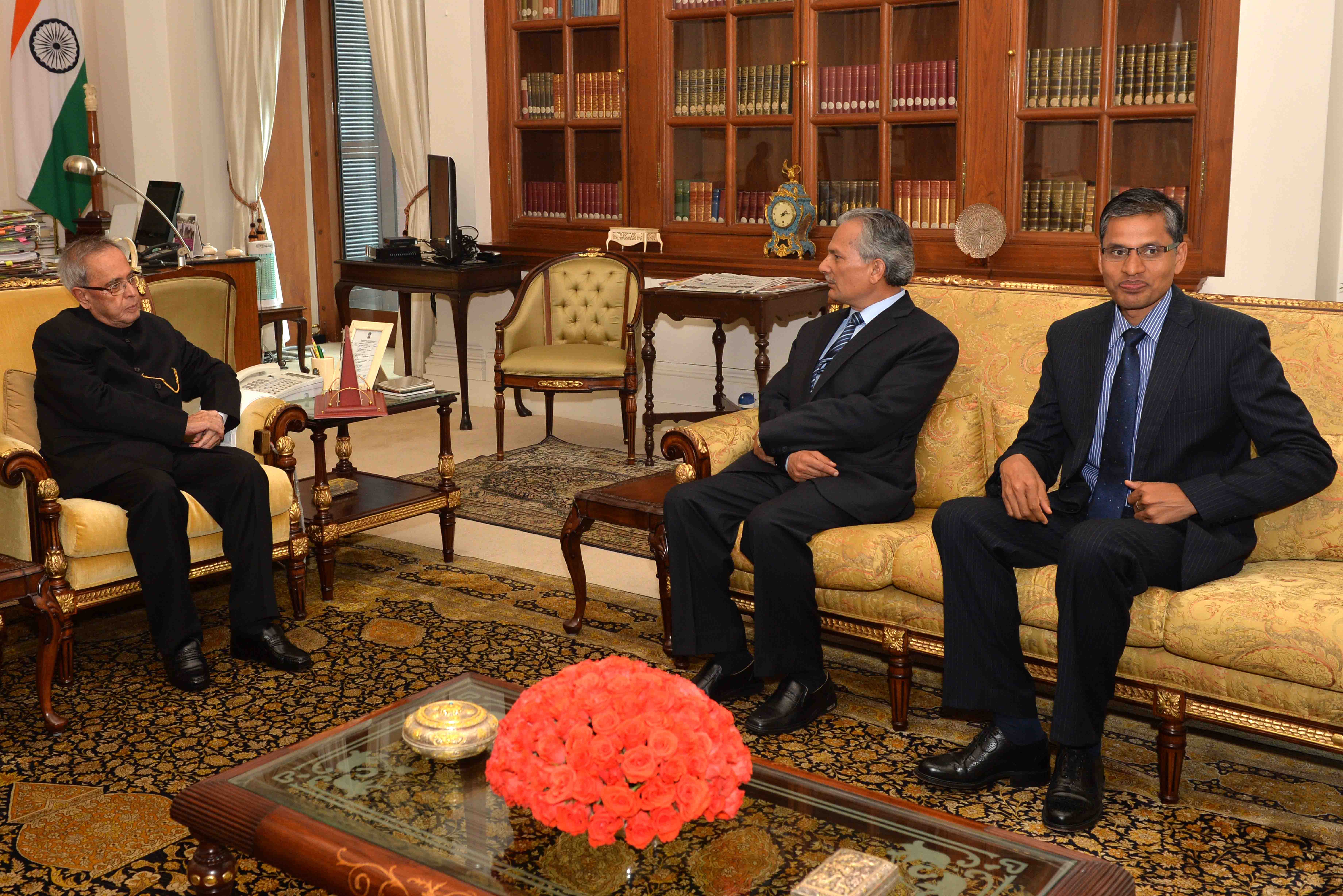 The former Prime Minister of Nepal, H.E. Dr. Baburam Bhattarai calling on the President of India, Shri Pranab Mukherjee at Rashtrapati Bhavan on March 3, 2015.