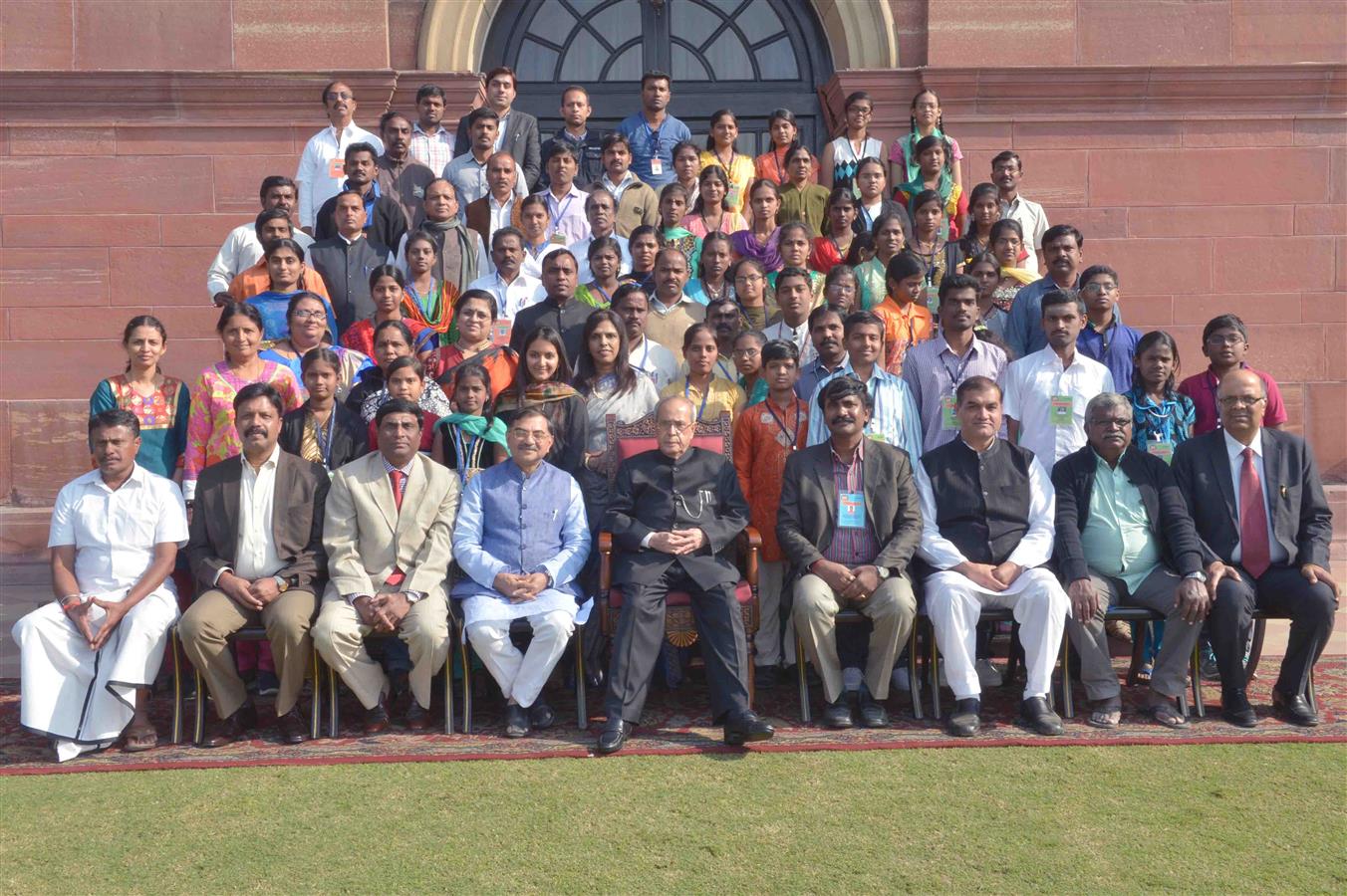 The President of India, Shri Pranab Mukherjee with Winners of the Thirukural Competition at Rashtrapati Bhavan on December 16, 2015.