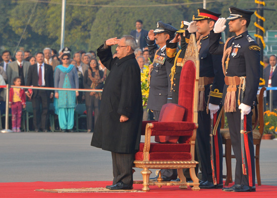 The President of India, Shri Pranab Mukherjee taking the salute at the 'Beating Retreat' function at Vijay Chowk in New Delhi on January 29, 2013. The Ceremony closes the Republic Day Celebarations.