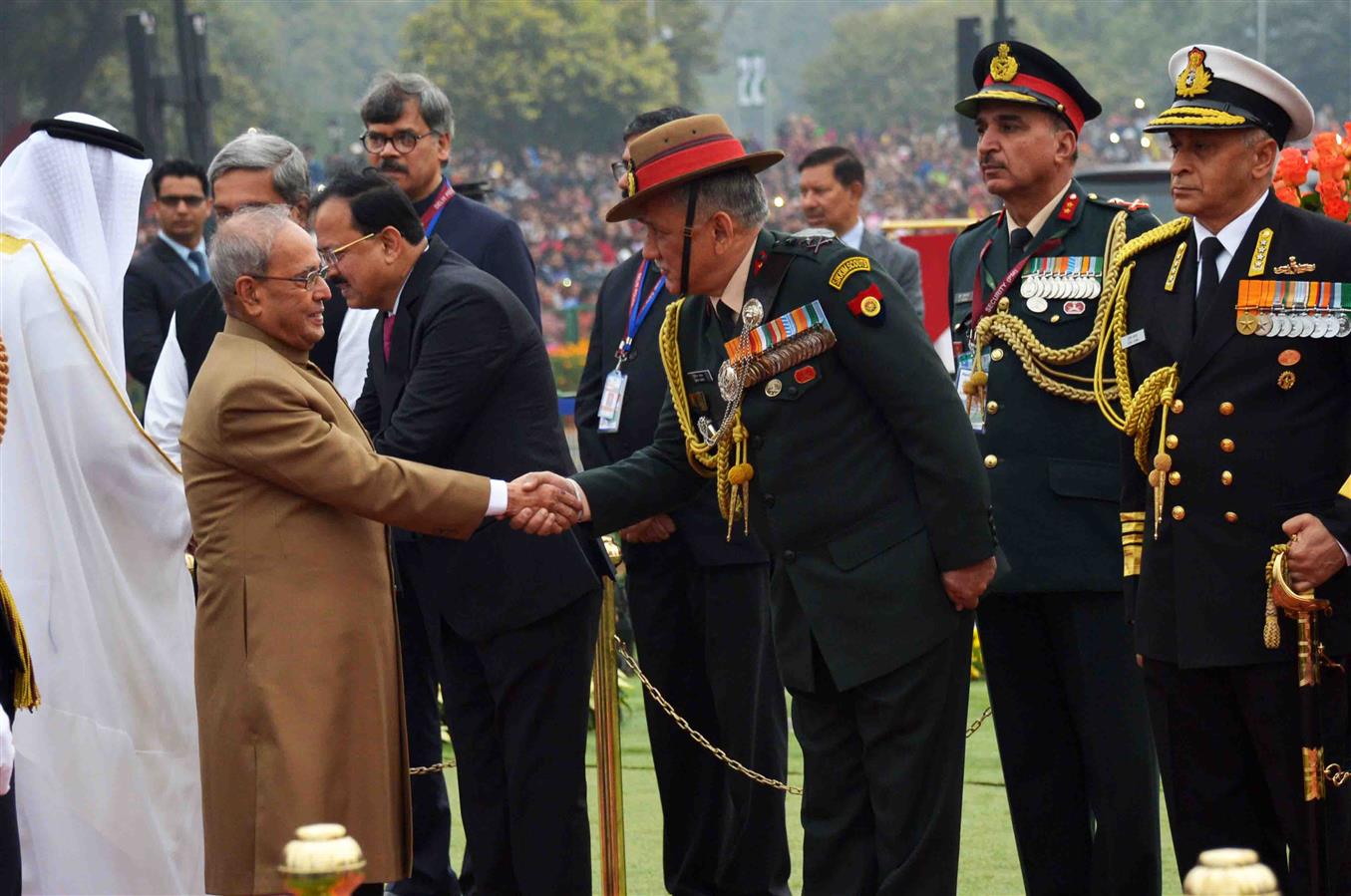 The President of India, Shri Pranab Mukherjee and the Chief Guest of the Republic Day Celebrations H.H. General Sheikh Mohammed Bin Zayed Al Nahyan, Crown Prince of Abu Dhabi at Rajpath on the occasion of the 68th Republic Day Parade in New Delhi on Janua