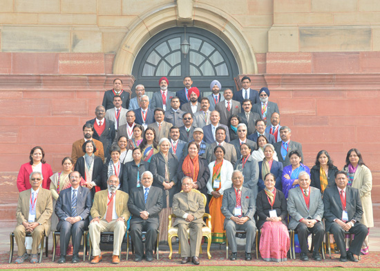 The President of India, Shri Pranab Mukherjee with the Principal of the Delhi Public School, Dr. D.R. Saini along with delegates members at Rashtrapati Bhavan in New Delhi on January 05, 2013.