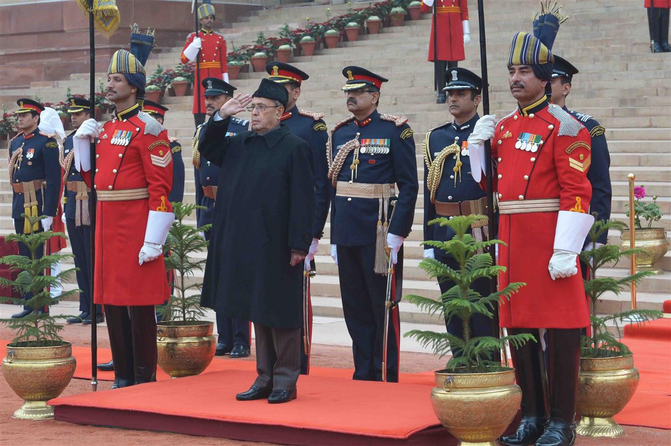 The President of India Shri Pranab Mukherjee talking the Salute from President's Body Guard (PBG) at the Forecourt of Rashtrapati Bhavan during the departure for witnessing the 'Beating Retreat' at Vijay Chowk in New Delhi on January 29, 2016. 