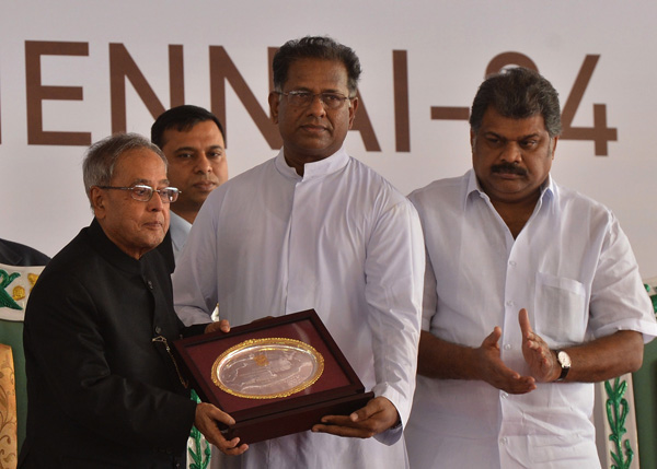 The President of India, Shri Pranab Mukherjee being felicitated by the Principal of the Loyola College, Rev. Dr. G. Joseph Antony Samy, S.J. at the inauguration of the School of Commerce and Economics of Loyola College at Chennai in Tamil Nadu on December