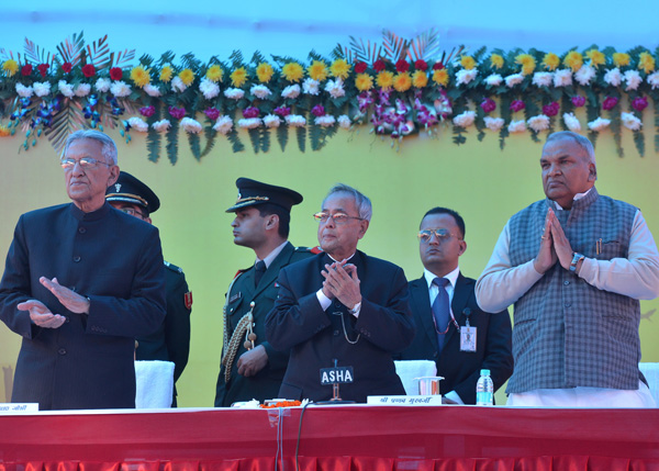 The President of India, Shri Pranab Mukherjee at a function to inaugurate the new building complex of Jagat Taran Girls Inter College at Jagat Taran Girls Inter College at Allahabad in Uttra Pradesh on December 25, 2013. Also seen is the Governor of Uttar