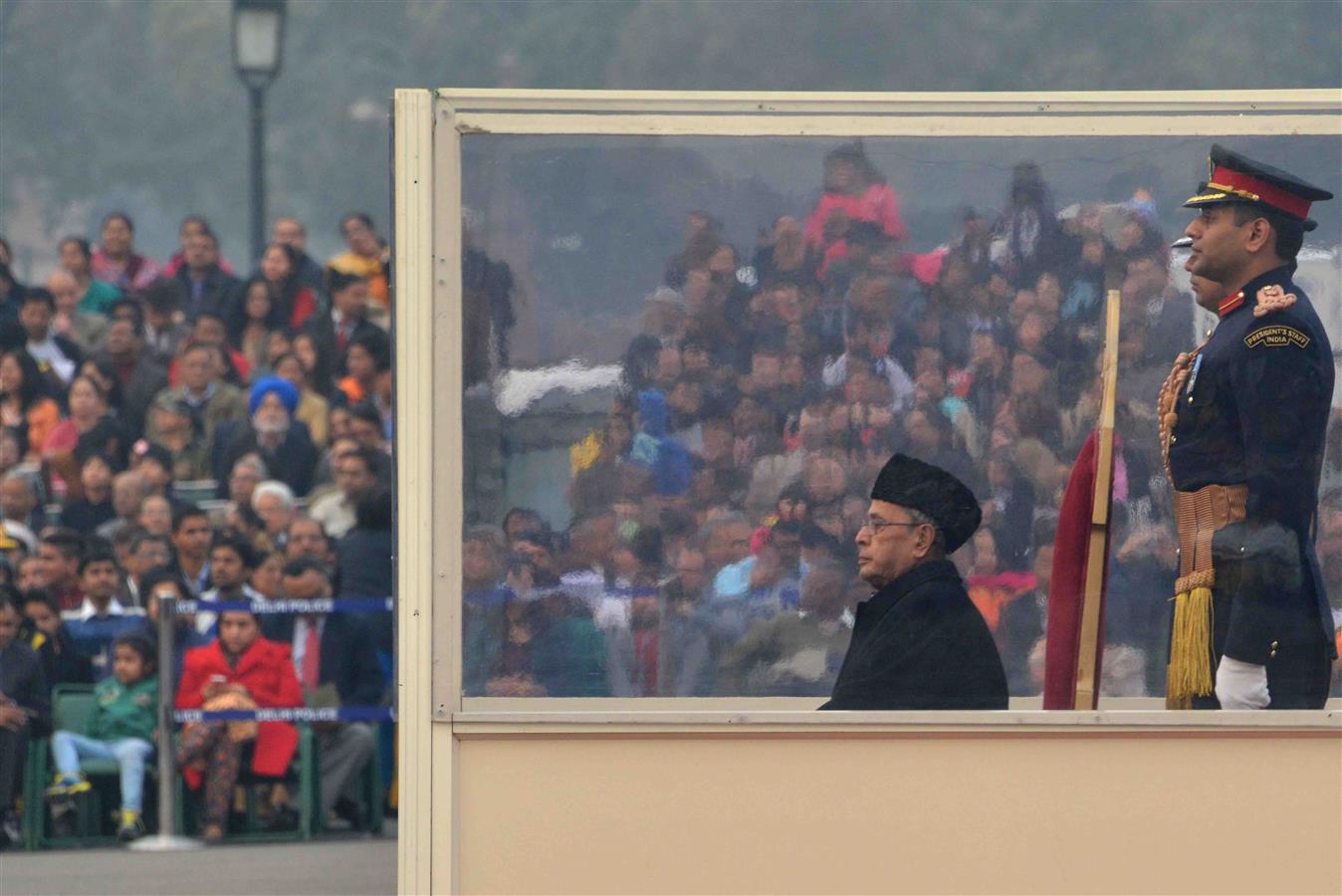 The President of India, Shri Pranab Mukherjee witnessing the 'Beating Retreat' at Vijay Chowk in New Delhi on January 29, 2016. 