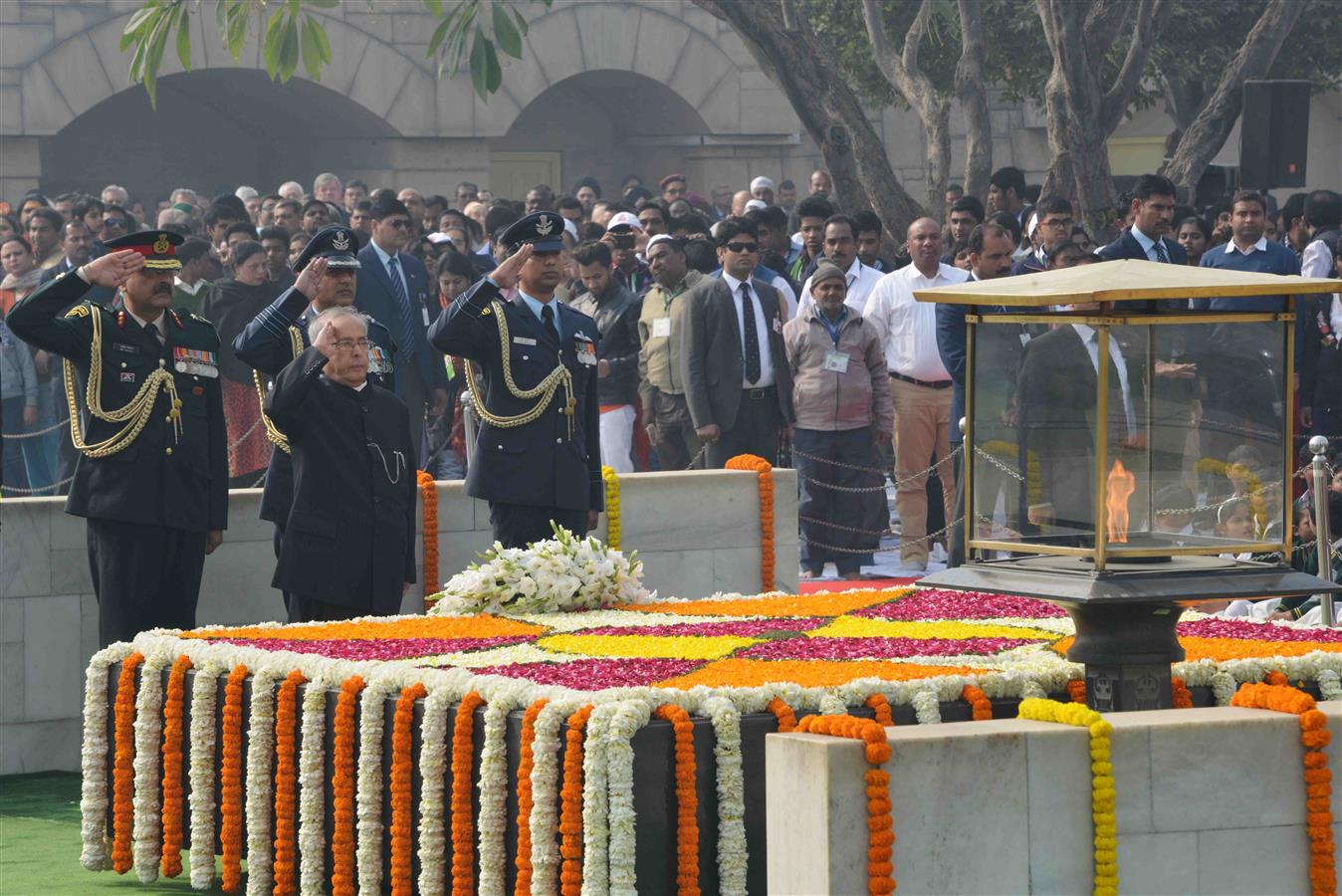 The President, Shri Pranab Mukherjee paying homage at the Samadhi of the Father of the Nation, Mahatma Gandhi at Raj Ghat in New Delhi on January 30, 2016 on the occasion of his 68th Death Anniversary. 