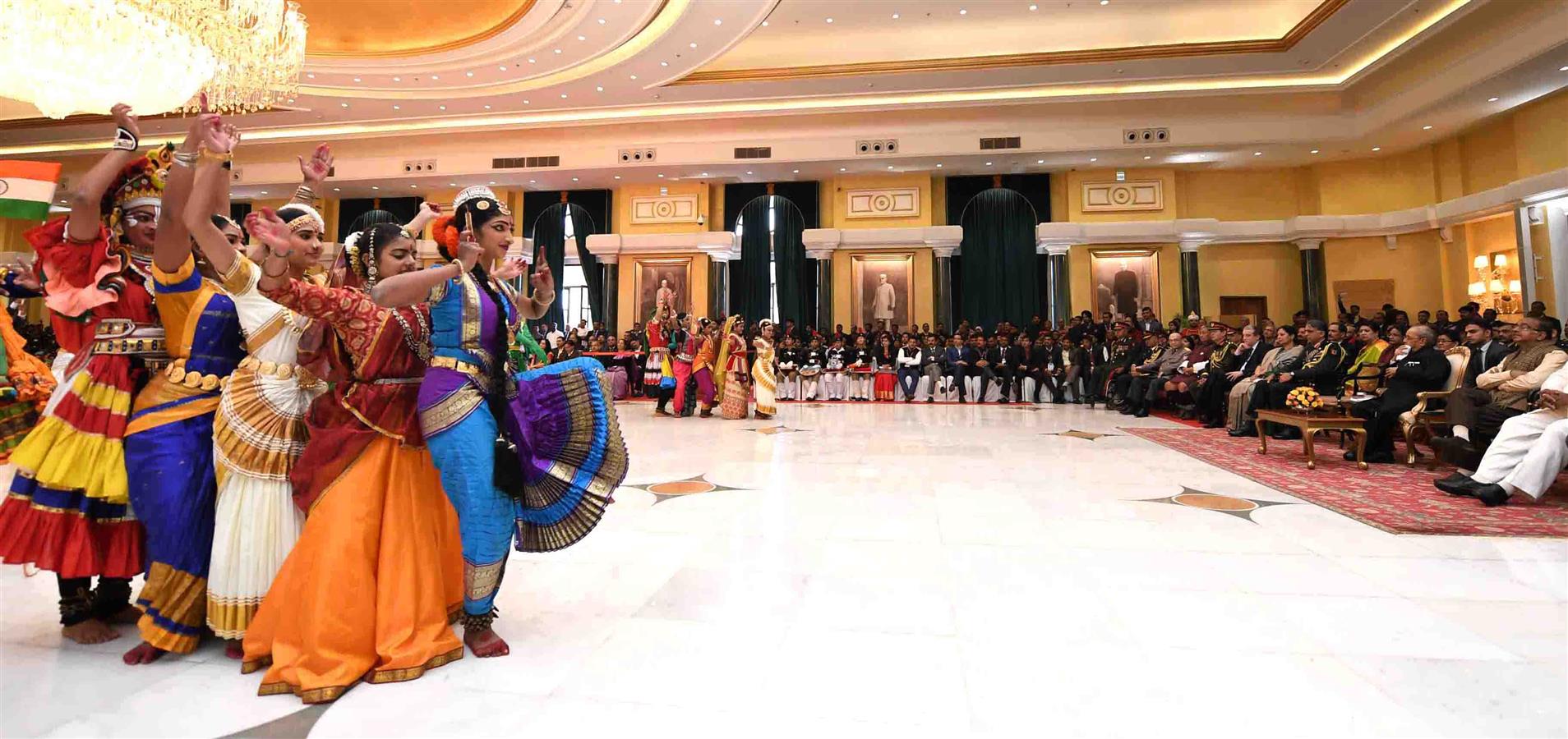 Artistes performing at Rashtrapati Bhavan Cultural Center (RBCC) on January 27, 2017 when Tribal Guests, Tableaux Artists, Tractor Drivers, NSS Volunteers and NCC Cadets who had participated in the 68th Republic Day Parade met the President of India, Shri