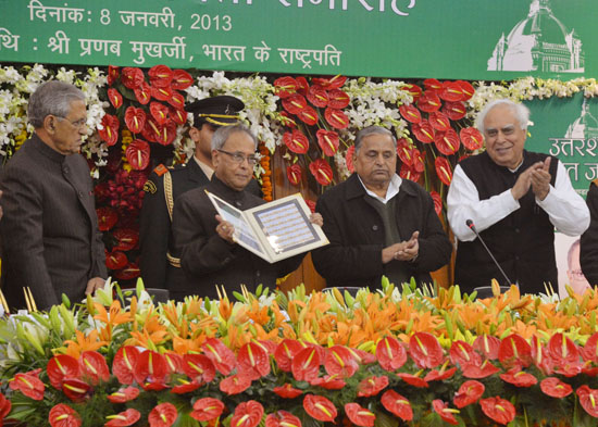 The President of India, Shri Pranab Mukherjee releasing the Postage Stamp on Vidhan Bhawan on the occasion of the inauguration of 125th year celebrations of the Uttar Pradesh Legislative Assembly at Lucknow in Uttar Pradesh on January 08, 2013. Also seen