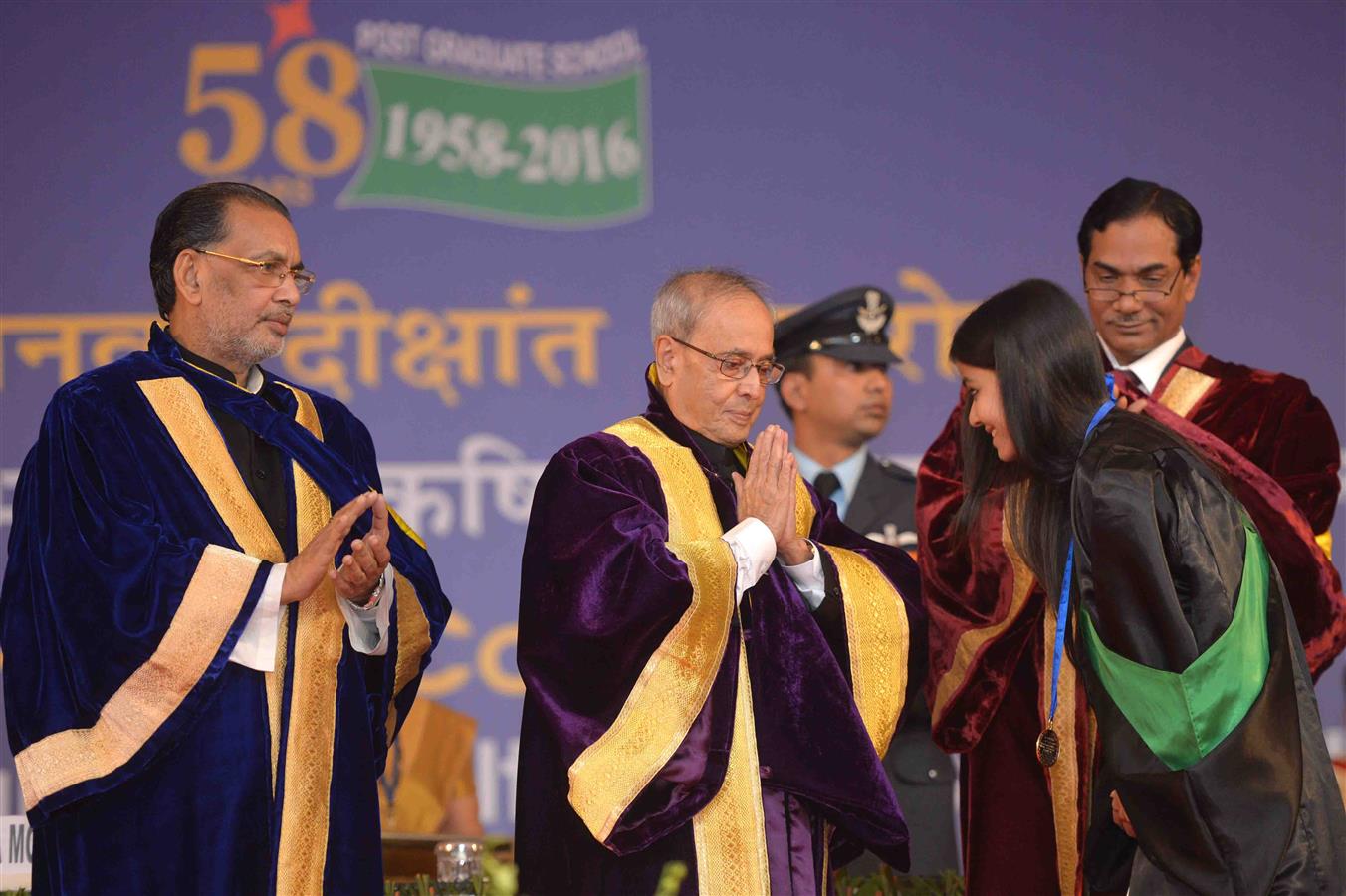 The President of India, Shri Pranab Mukherjee presenting the Merit Medal to a student at the 54th Convocation of Indian Agriculture Research Institute (IARI), Pusa in New Delhi on February 5, 2016. 