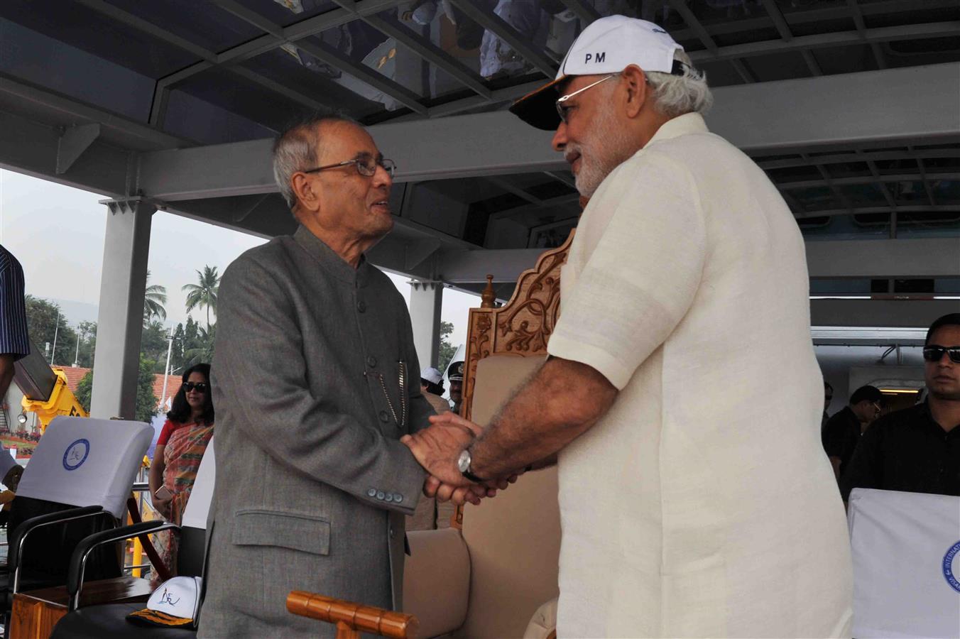 The President of India, Shri Pranab Mukherjee being received by the Prime Minister of India, Shri Narendra Modi at Presidential ship INS Sumitra at the International Fleet Review-2016 at Visakhapatnam on February 6, 2016. 