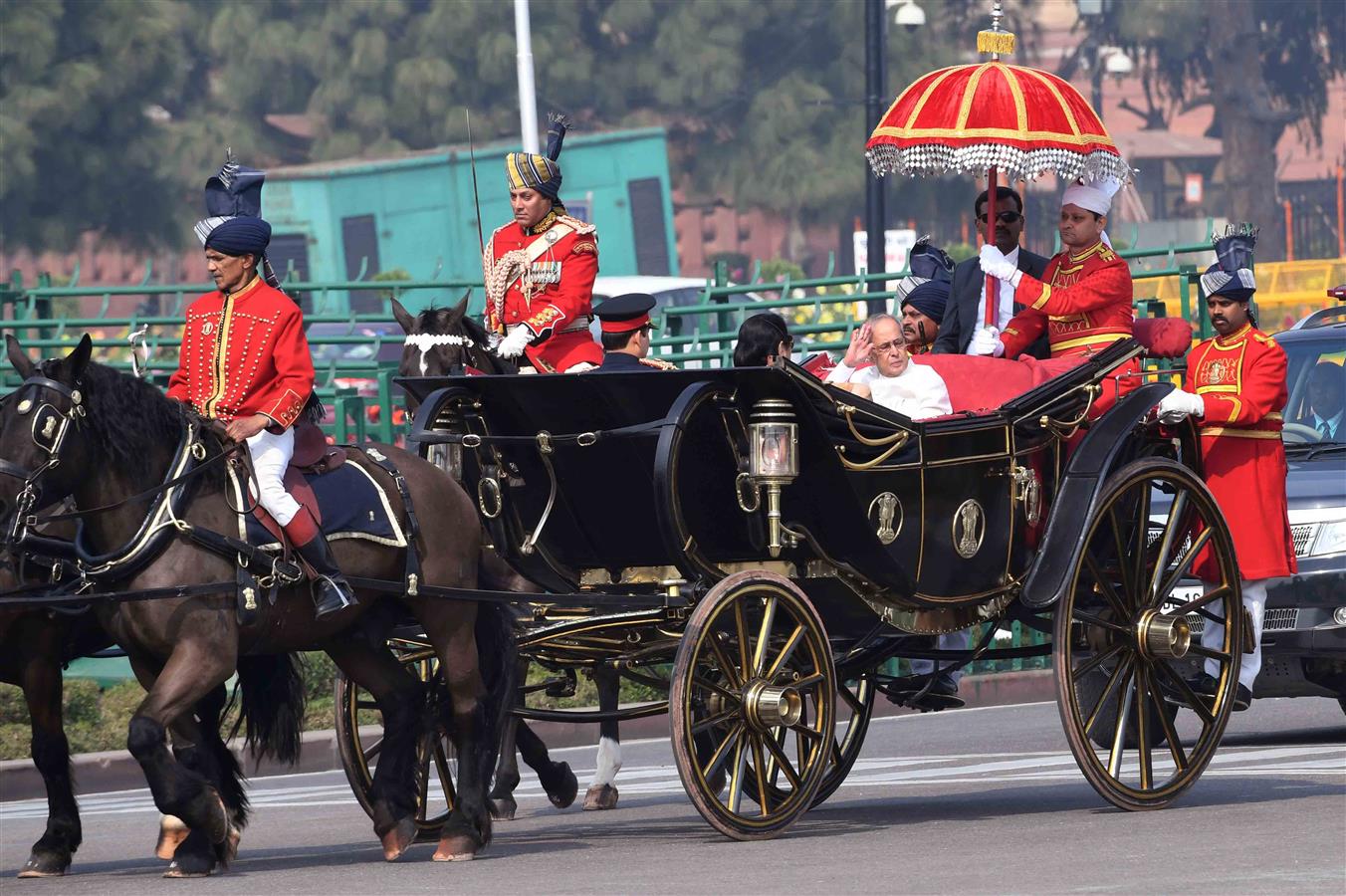 The President of India, Shri Pranab Mukherjee on the way to the Parliament House to address the members of both Houses of Parliament in New Delhi on January 31, 2017.