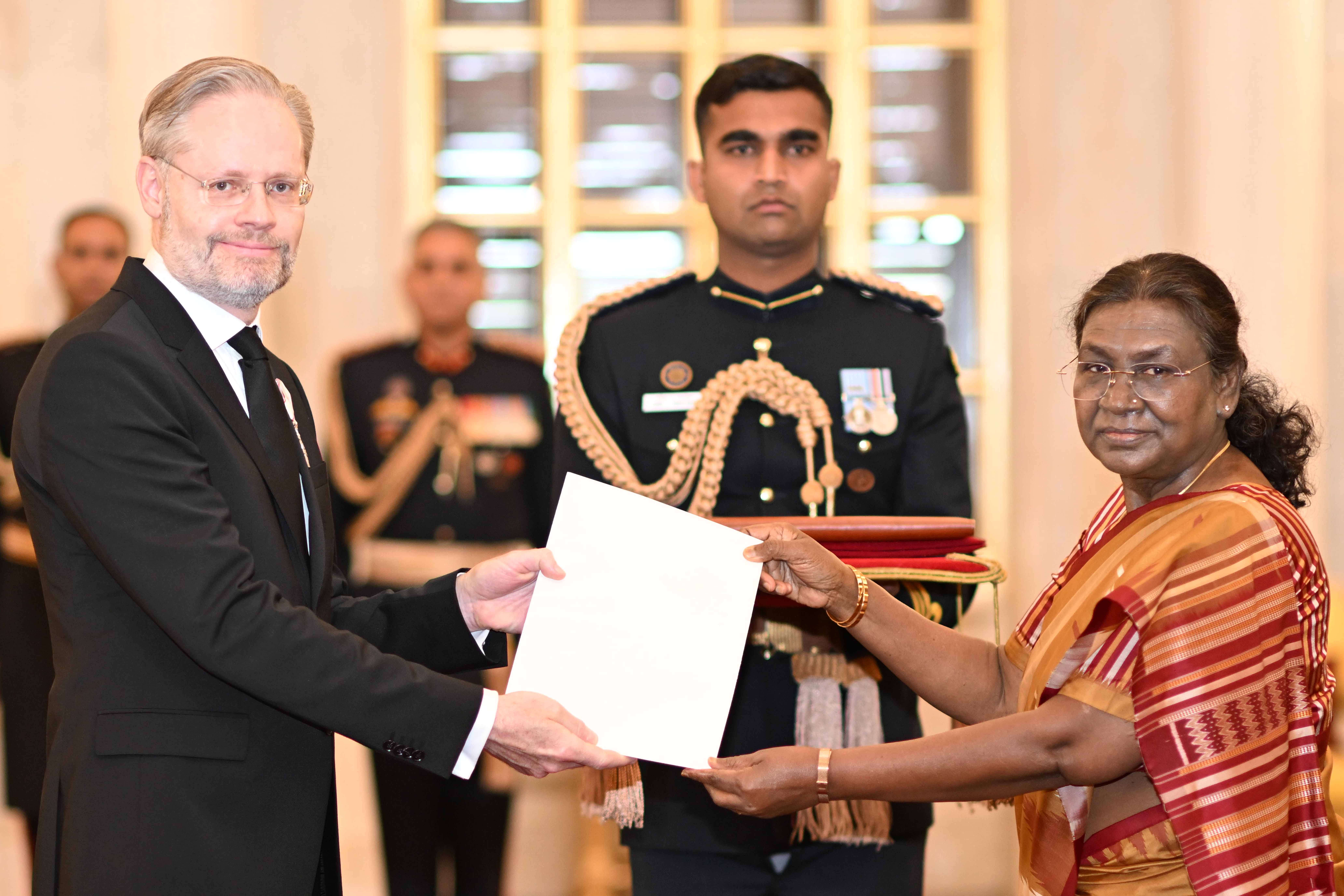 H.E. Mr Rasmus Abildgaard Kristensen, Ambassador of Denmark presenting credentials to the President of India, Smt Droupadi Murmu at a ceremony held at Rashtrapati Bhavan on February 20, 2025.