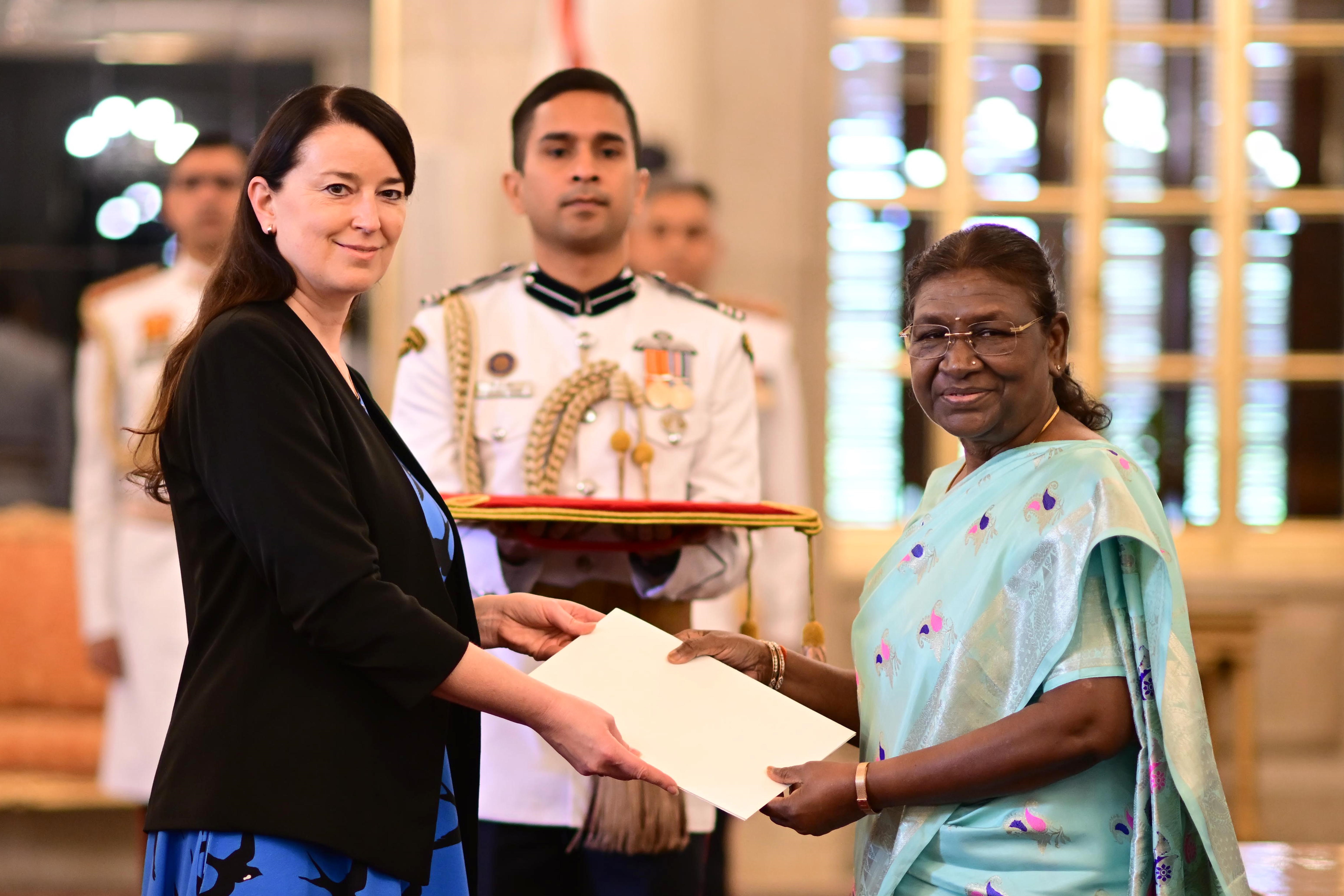 H.E. Mrs Marje Luup, Ambassador of the Republic of Estonia presenting credentials to the President of India, Smt Droupadi Murmu at Rashtrapati Bhavan on August 29, 2023.
