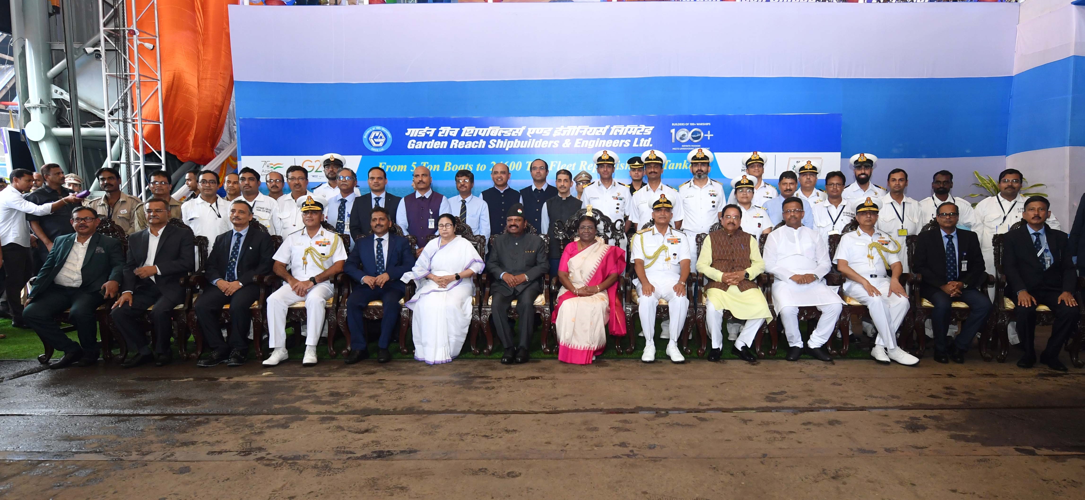 The President of India, Smt Droupadi Murmu graced the launch ceremony of Vindhyagiri – the sixth ship of project 17A of Indian Navy at Garden Reach Shipbuilders Engineers Limited, Kolkata, West Bengal on August 17, 2023.