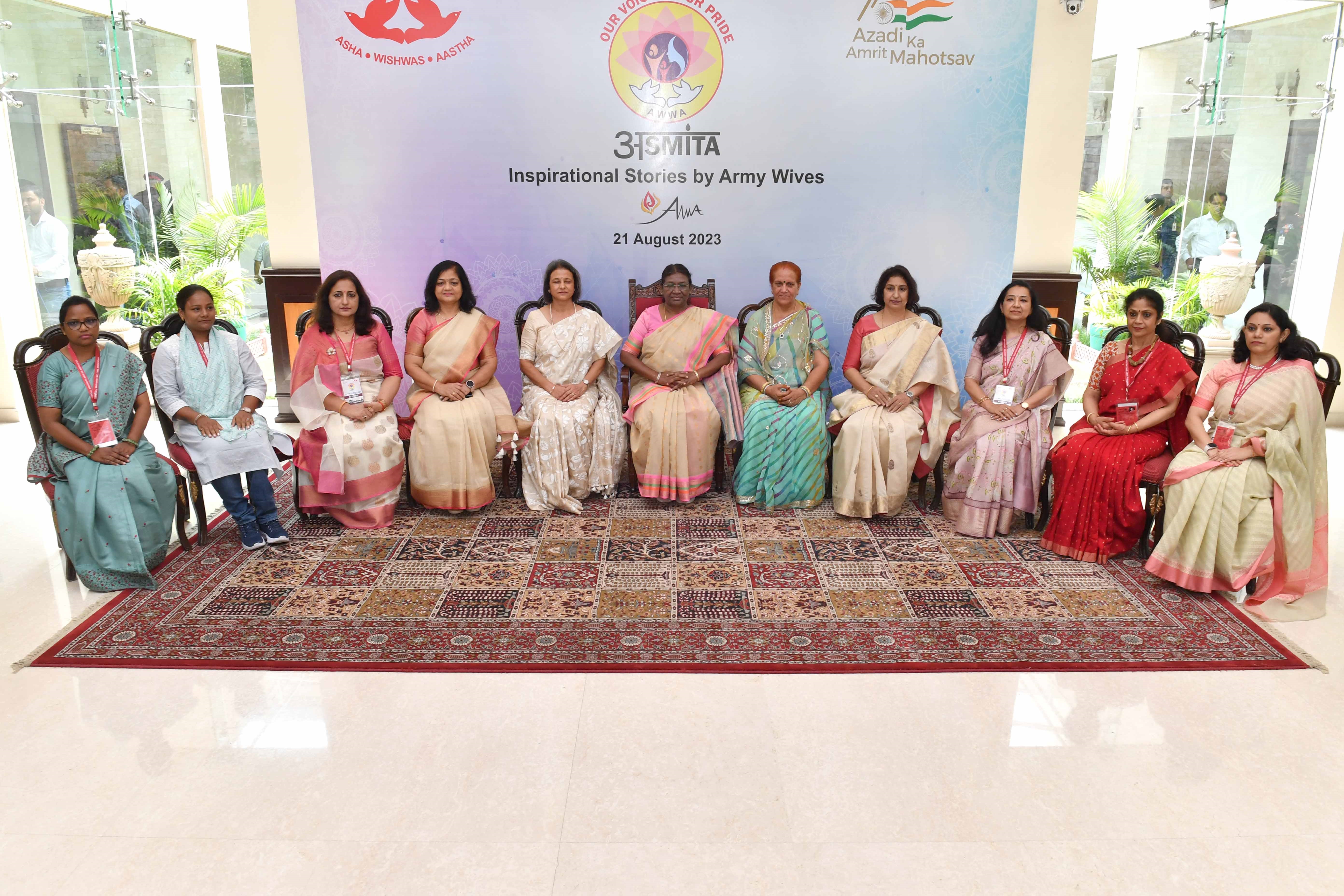  The President of India, Smt Droupadi Murmu graced 'ASMITA-Inspirational Stories by Army Wives', organised by the Army Wives Association (AWWA), in New Delhi on August 21, 2023.